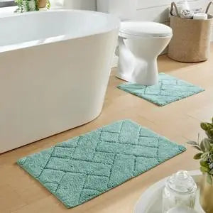 Bali Bath Mat & Pedestal Set: 100% Cotton, Quick-Absorbing, Non-Slip Latex Backing.