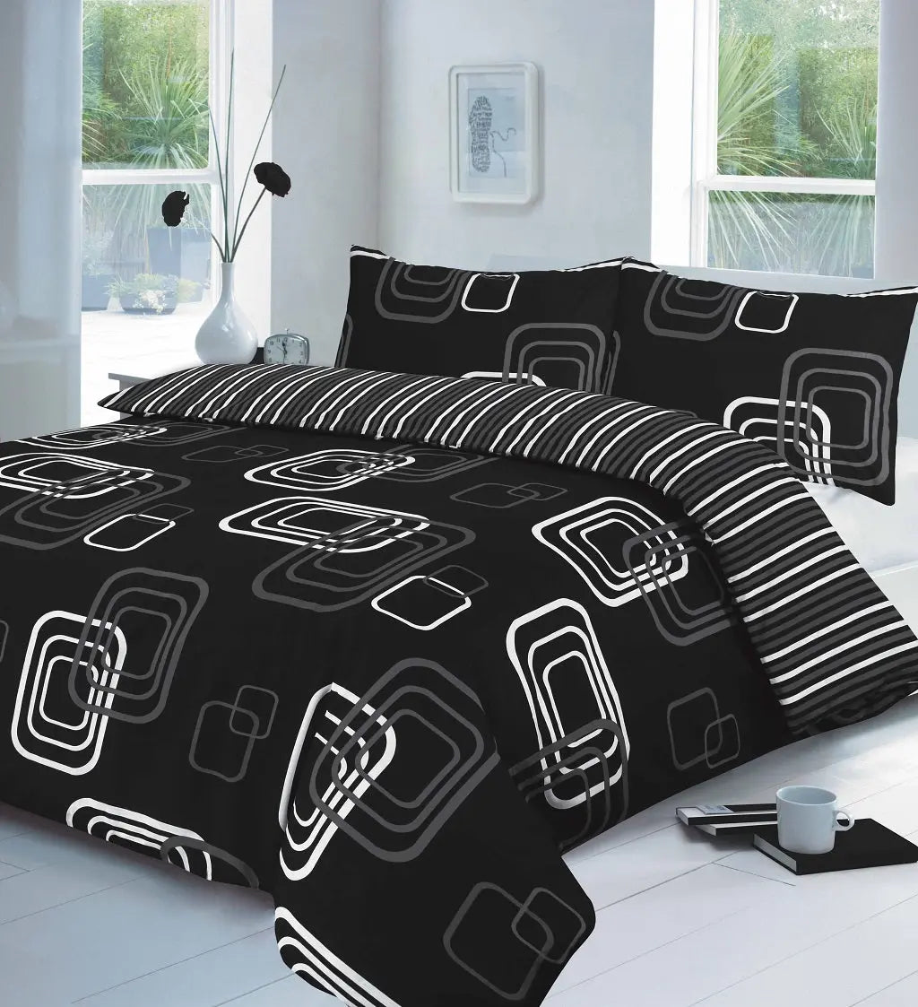 Luxuries Reversible BLAKE SQUARE BOX Duvet Cover + Pillow Case Bedding Set All  UK Size black soft bedding sets.
