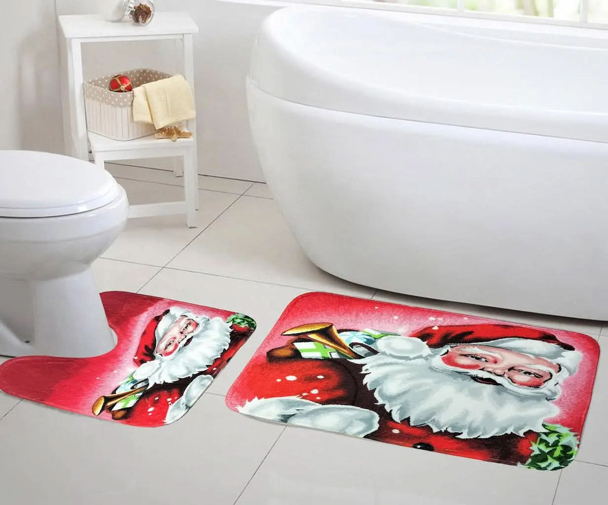 Christmas Bath Mat Set 2-Pc Memory Foam Non-Slip Absorbent Bathroom Rug.