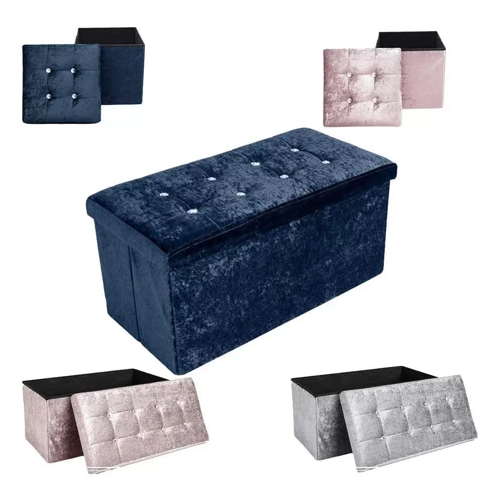 Foldable storage boxes- Folding Ottoman Storage Box Crushed Velvet Diamante - Home Organizer Pack Room.
