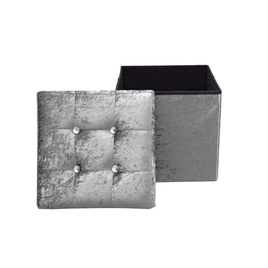 Foldable storage boxes- Folding Ottoman Storage Box Crushed Velvet Diamante - Home Organizer Pack Room.