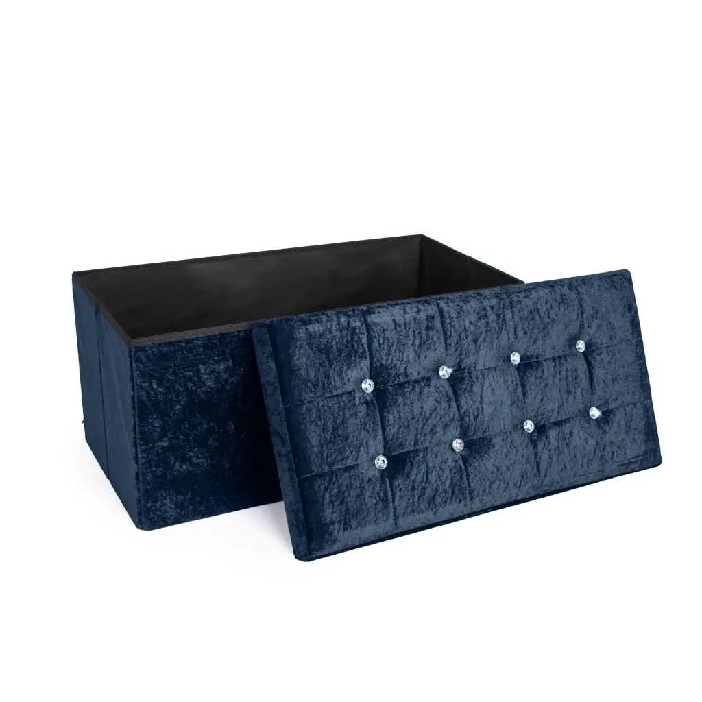 Foldable storage boxes- Folding Ottoman Storage Box Crushed Velvet Diamante - Home Organizer Pack Room.