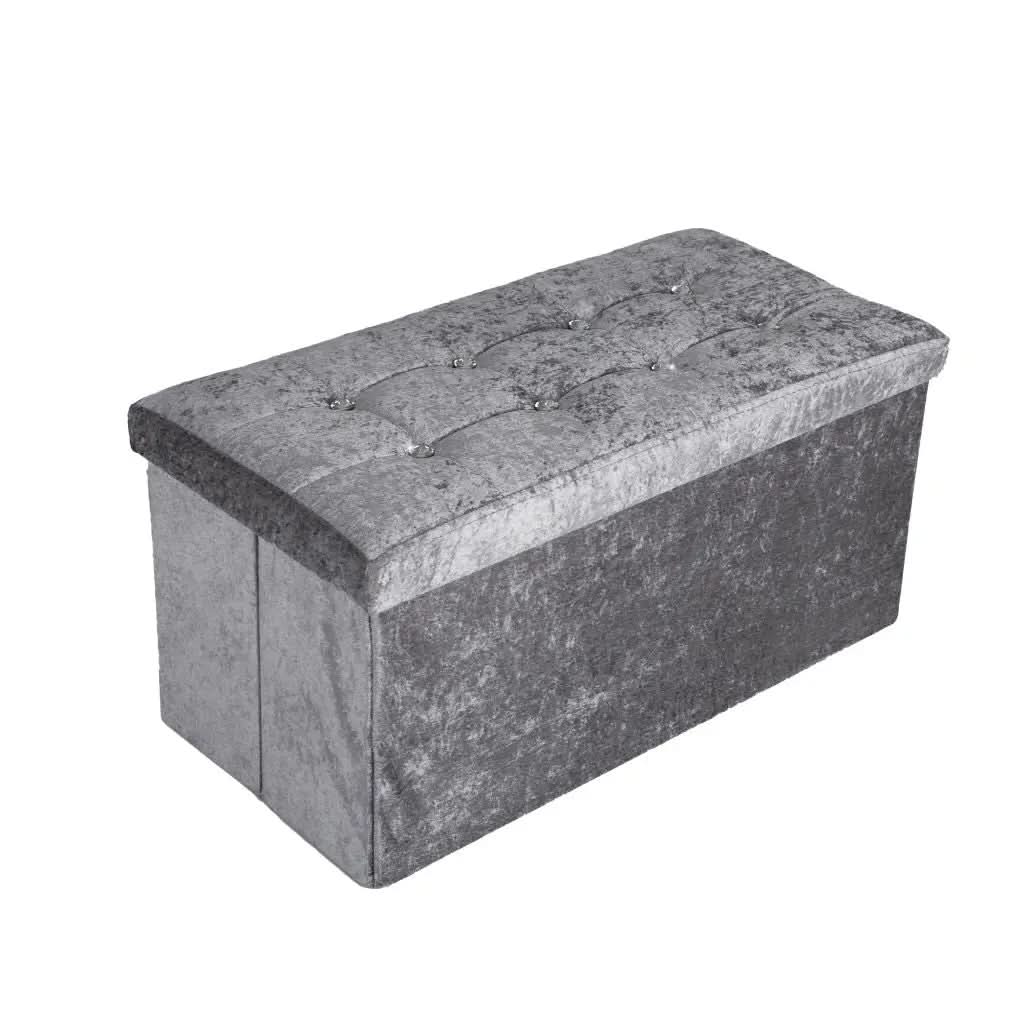 Foldable storage boxes- Folding Ottoman Storage Box Crushed Velvet Diamante - Home Organizer Pack Room.