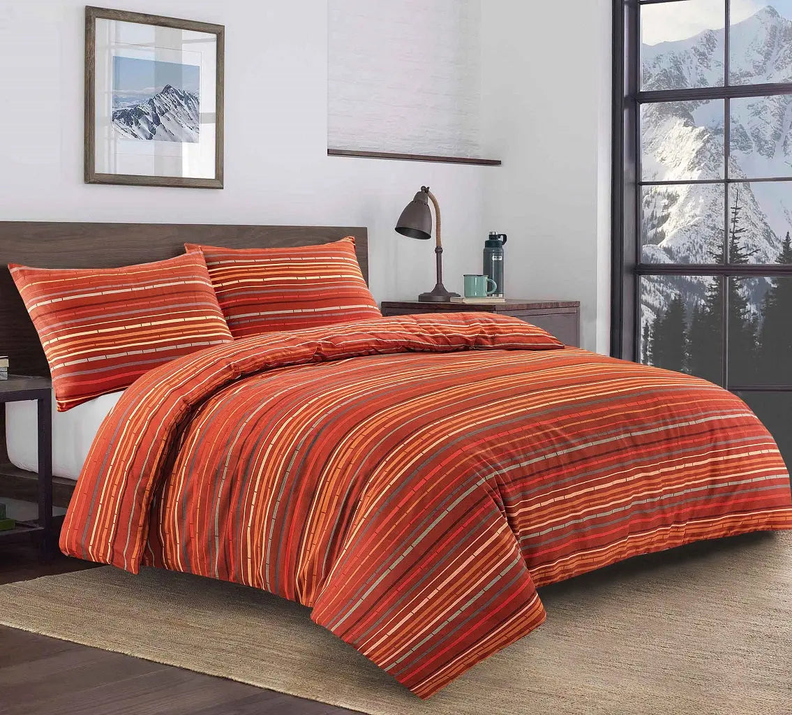 Leon Stripe Reversible Duvet and Pillowcase Set | UK Sizes | 200 Thread Count Quilted Set | 100% Poly-Cotton.