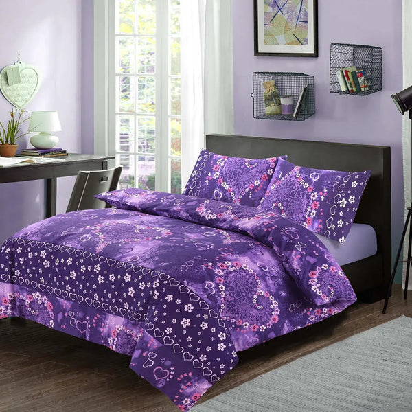 Luxurious Reversible Jasmin Floral Hearts Duvet Cover Sets - Modern Style - All UK Sizes.