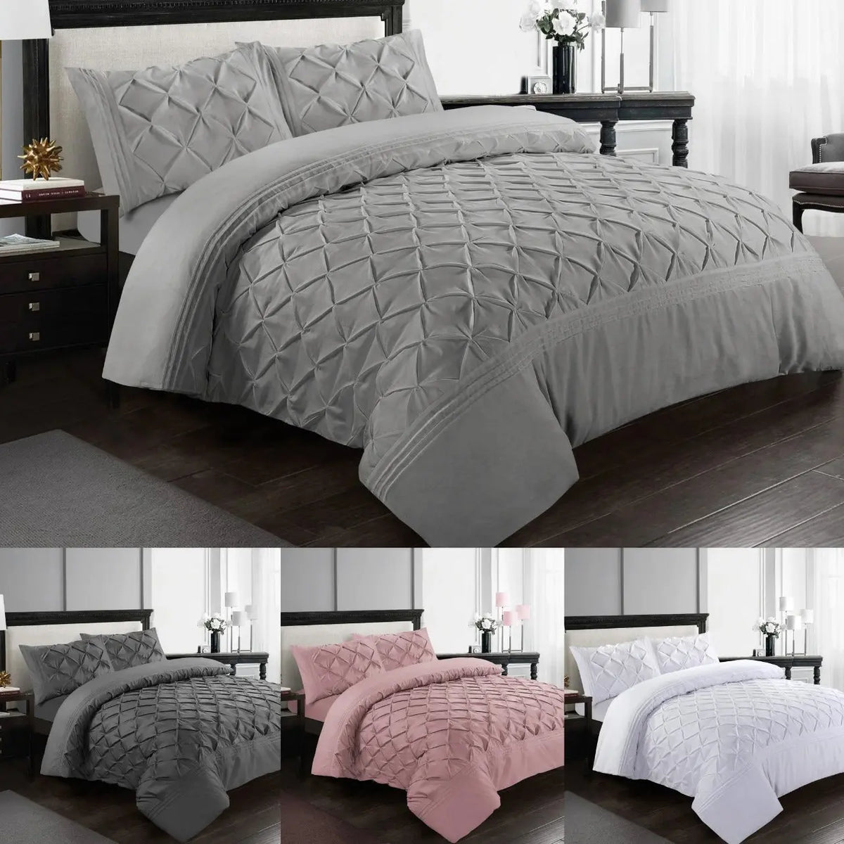 Pinch Pleated Duvet Cover Set Soft 100% Microfiber Pintuck Bedding Sets with Pillowcases, Single, Double, King, Super King.