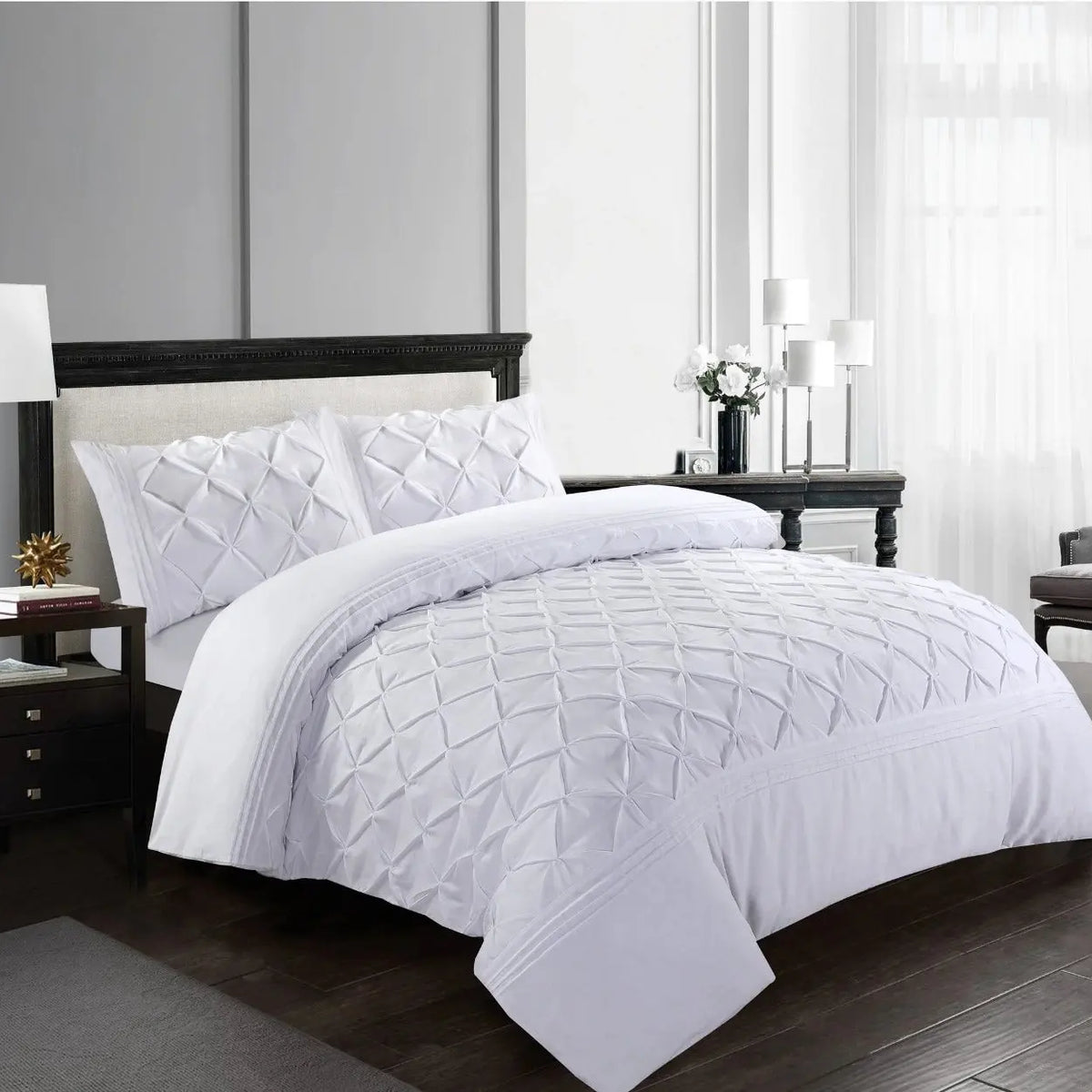 Pinch Pleated Duvet Cover Set Soft 100% Microfiber Pintuck Bedding Sets with Pillowcases, Single, Double, King, Super King.