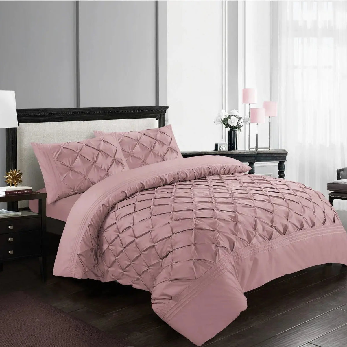 Pinch Pleated Duvet Cover Set Soft 100% Microfiber Pintuck Bedding Sets with Pillowcases, Single, Double, King, Super King.
