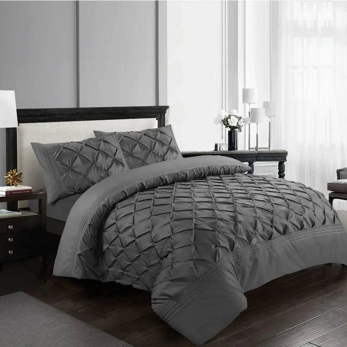 Pinch Pleated Duvet Cover Set Soft 100% Microfiber Pintuck Bedding Sets with Pillowcases, Single, Double, King, Super King.