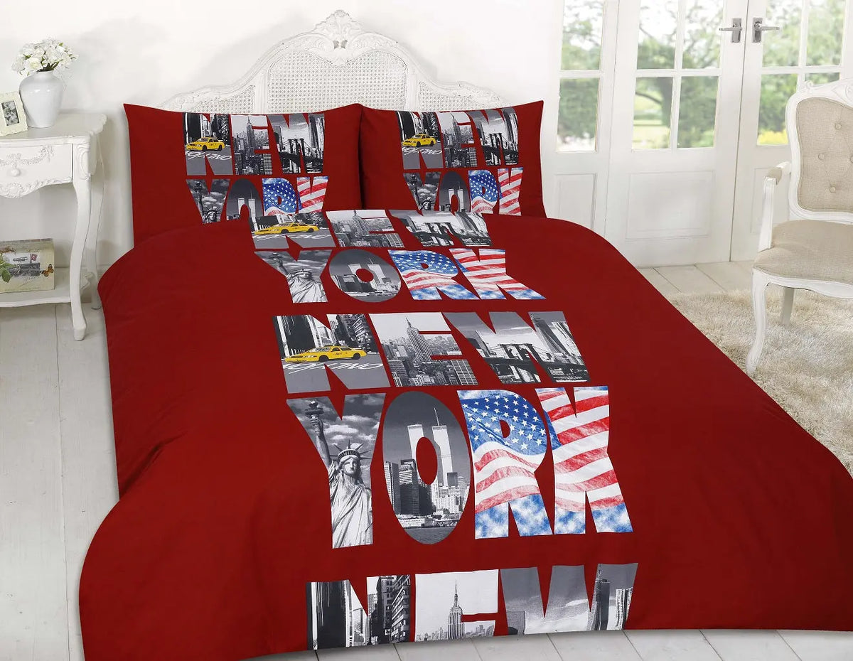 Polly-cotton Reversible New York Duevt cover with Pillowcases Set, Single, Double, King, Super King Sizes, 200 Thread count.