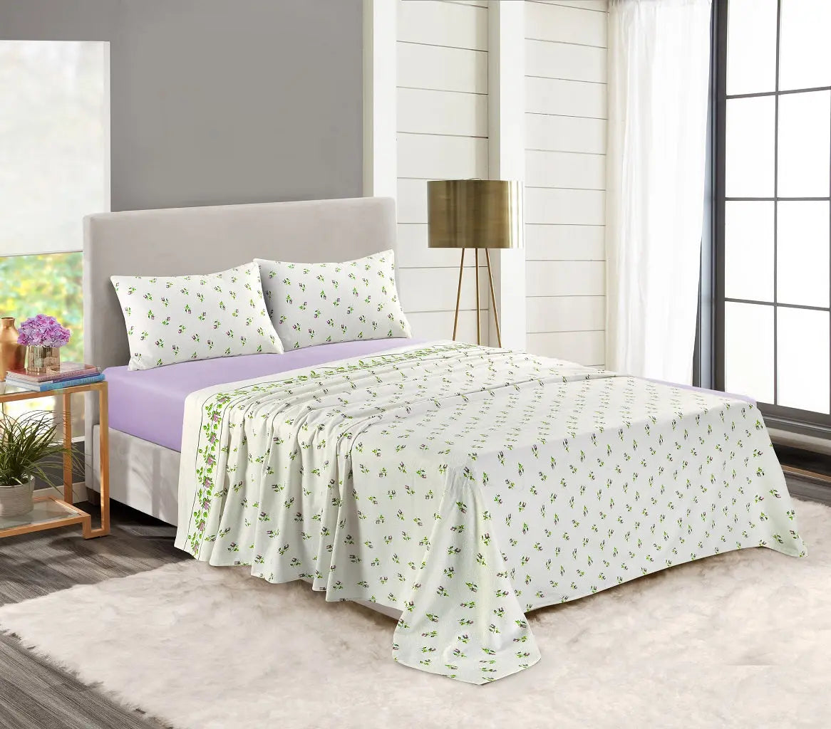 Rosebud Printed Flannelette Thermal Sheet Brushed Cotton Bedding Set - Fitted Sheet, Flat Sheet, and Pillowcase Set.
