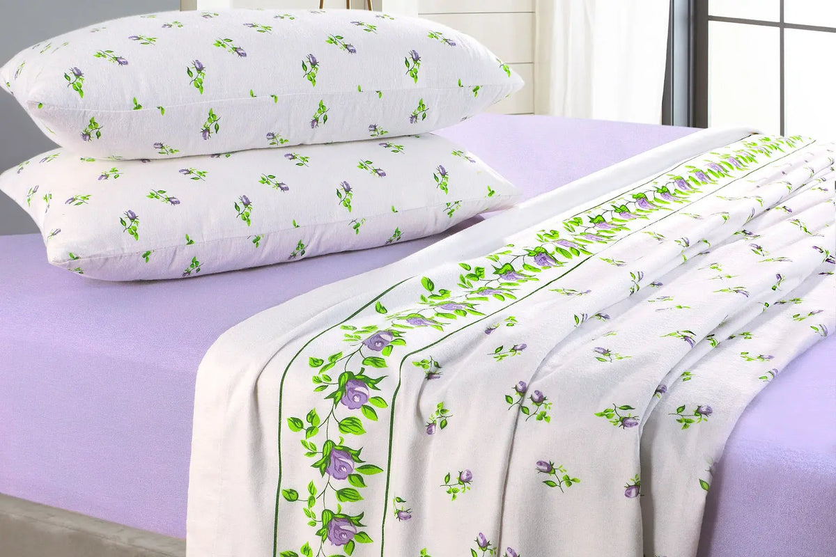 Rosebud Printed Flannelette Thermal Sheet Brushed Cotton Bedding Set - Fitted Sheet, Flat Sheet, and Pillowcase Set.