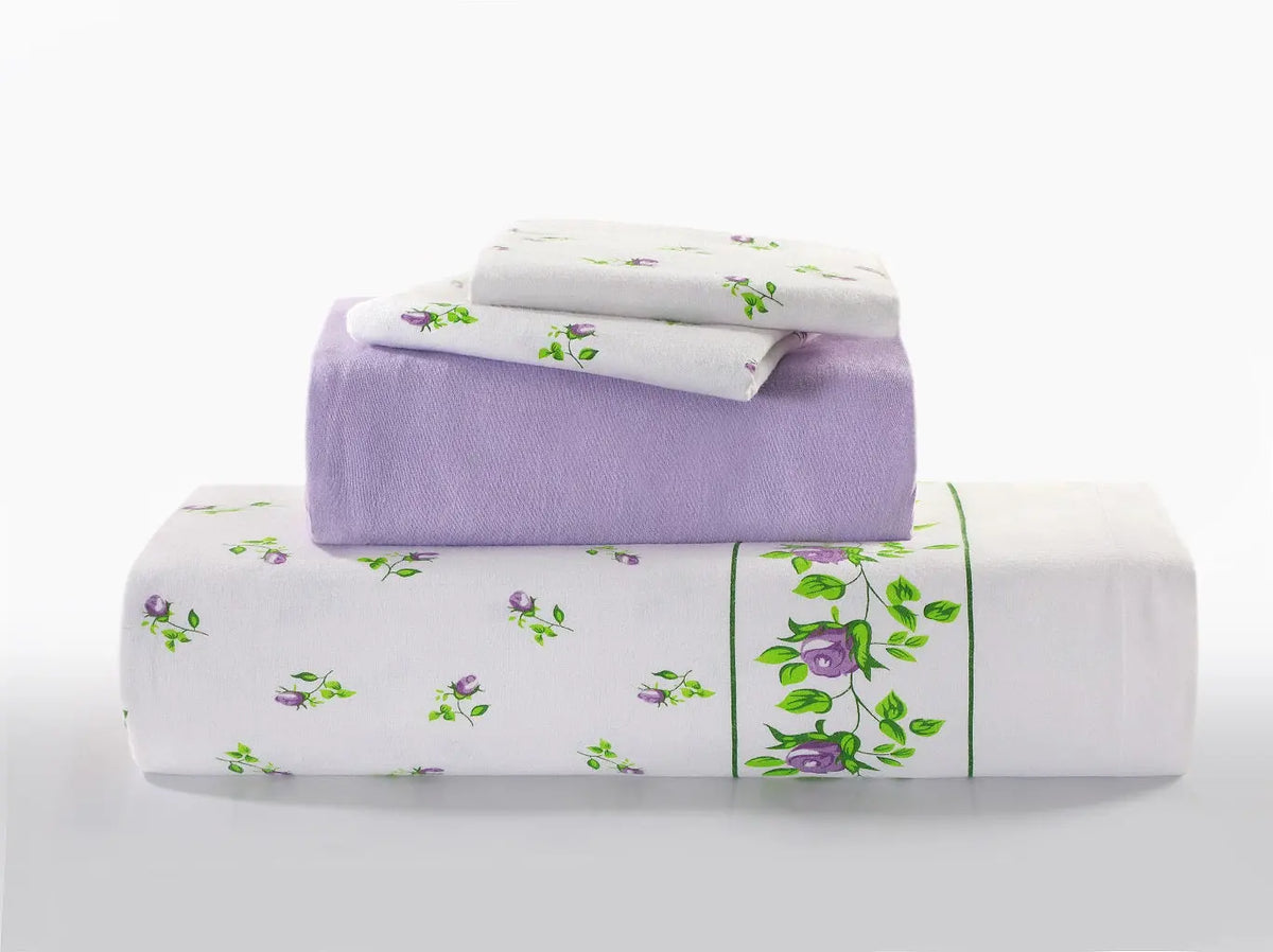 Rosebud Printed Flannelette Thermal Sheet Brushed Cotton Bedding Set - Fitted Sheet, Flat Sheet, and Pillowcase Set.