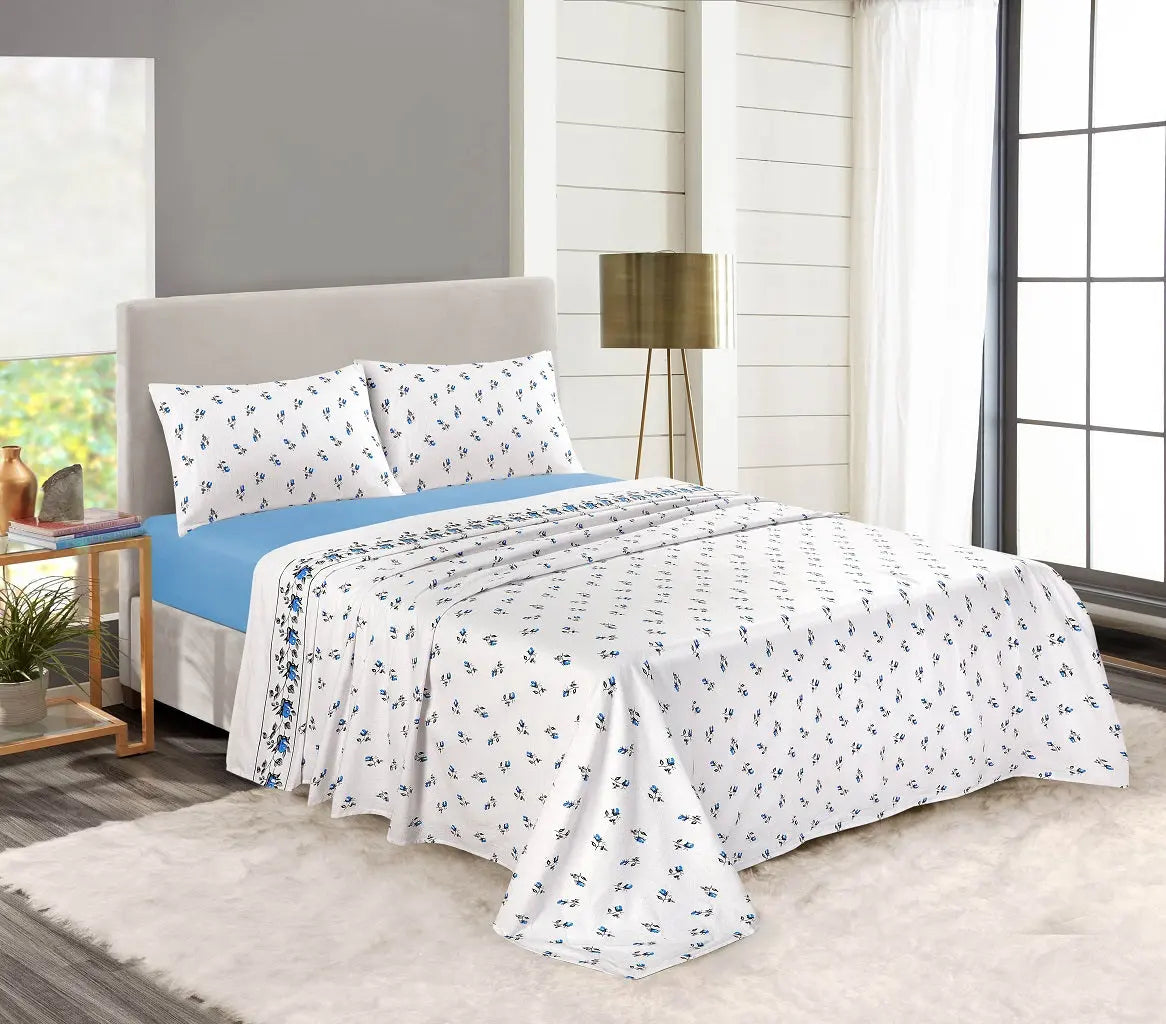 Rosebud Printed Flannelette Thermal Sheet Brushed Cotton Bedding Set - Fitted Sheet, Flat Sheet, and Pillowcase Set.