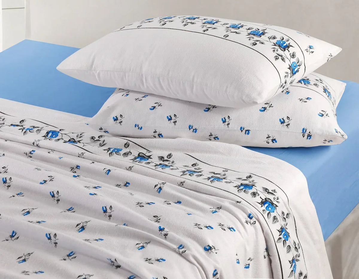 Rosebud Printed Flannelette Thermal Sheet Brushed Cotton Bedding Set - Fitted Sheet, Flat Sheet, and Pillowcase Set.