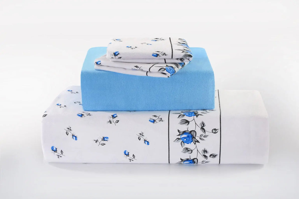 Rosebud Printed Flannelette Thermal Sheet Brushed Cotton Bedding Set - Fitted Sheet, Flat Sheet, and Pillowcase Set.