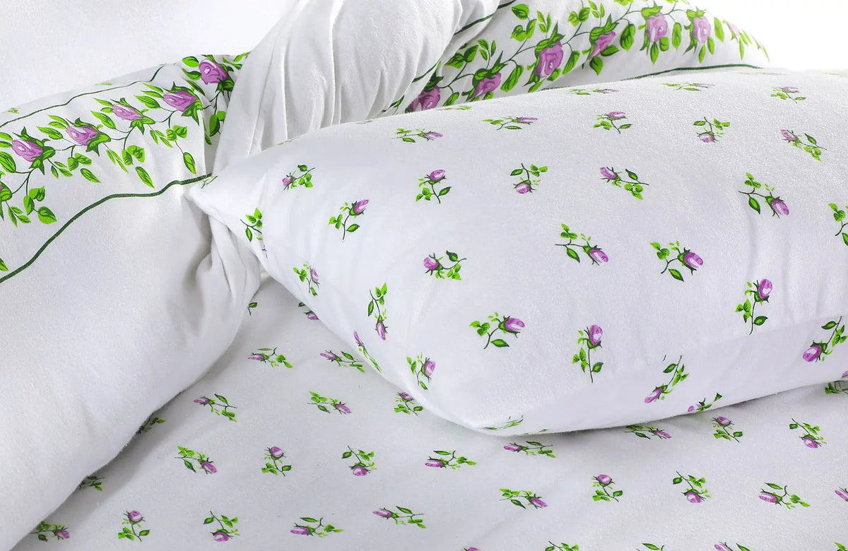 Rosebud Printed Flannelette Thermal Sheet Brushed Cotton Bedding Set - Fitted Sheet, Flat Sheet, and Pillowcase Set.