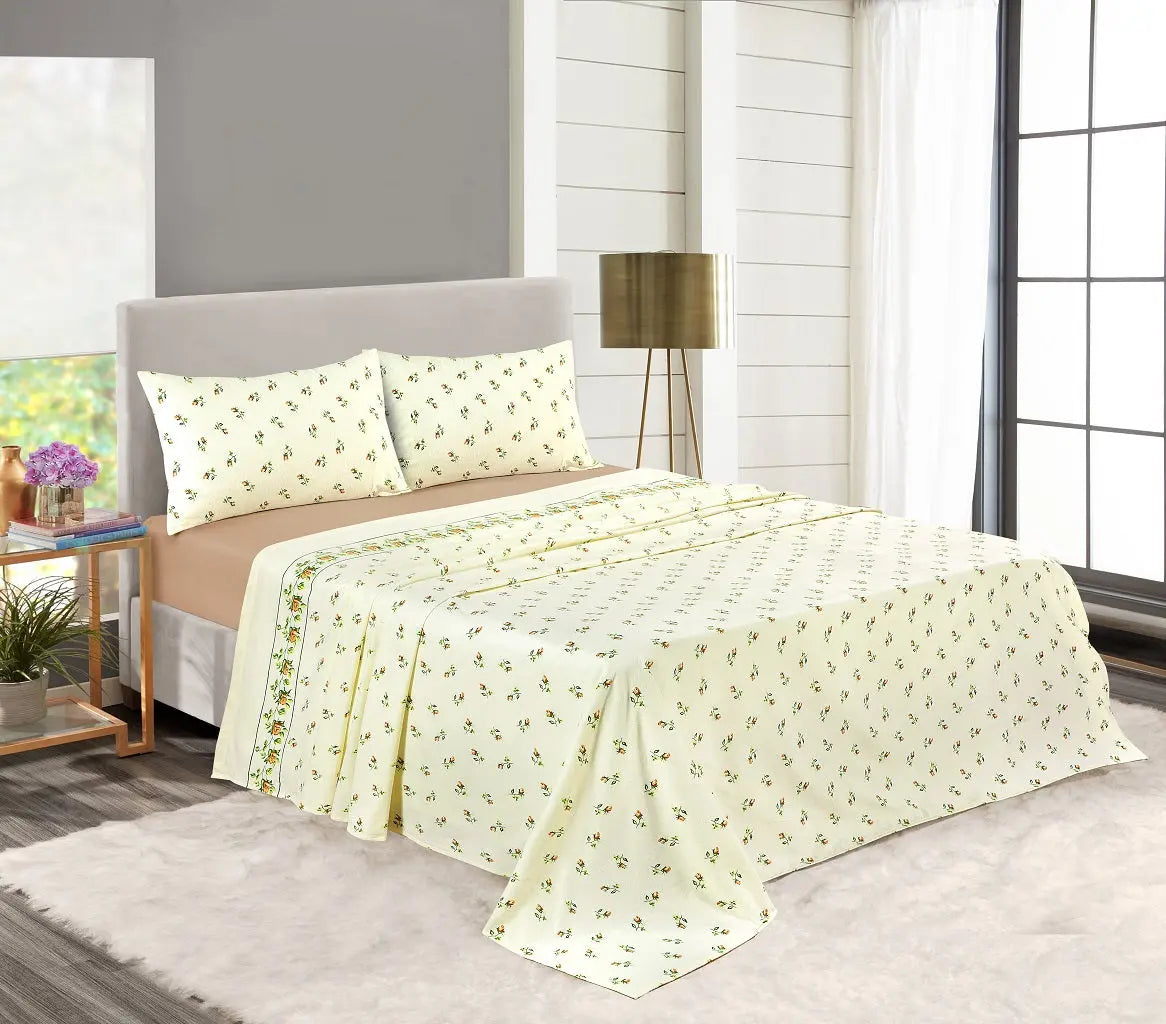 Rosebud Printed Flannelette Thermal Sheet Brushed Cotton Bedding Set - Fitted Sheet, Flat Sheet, and Pillowcase Set.