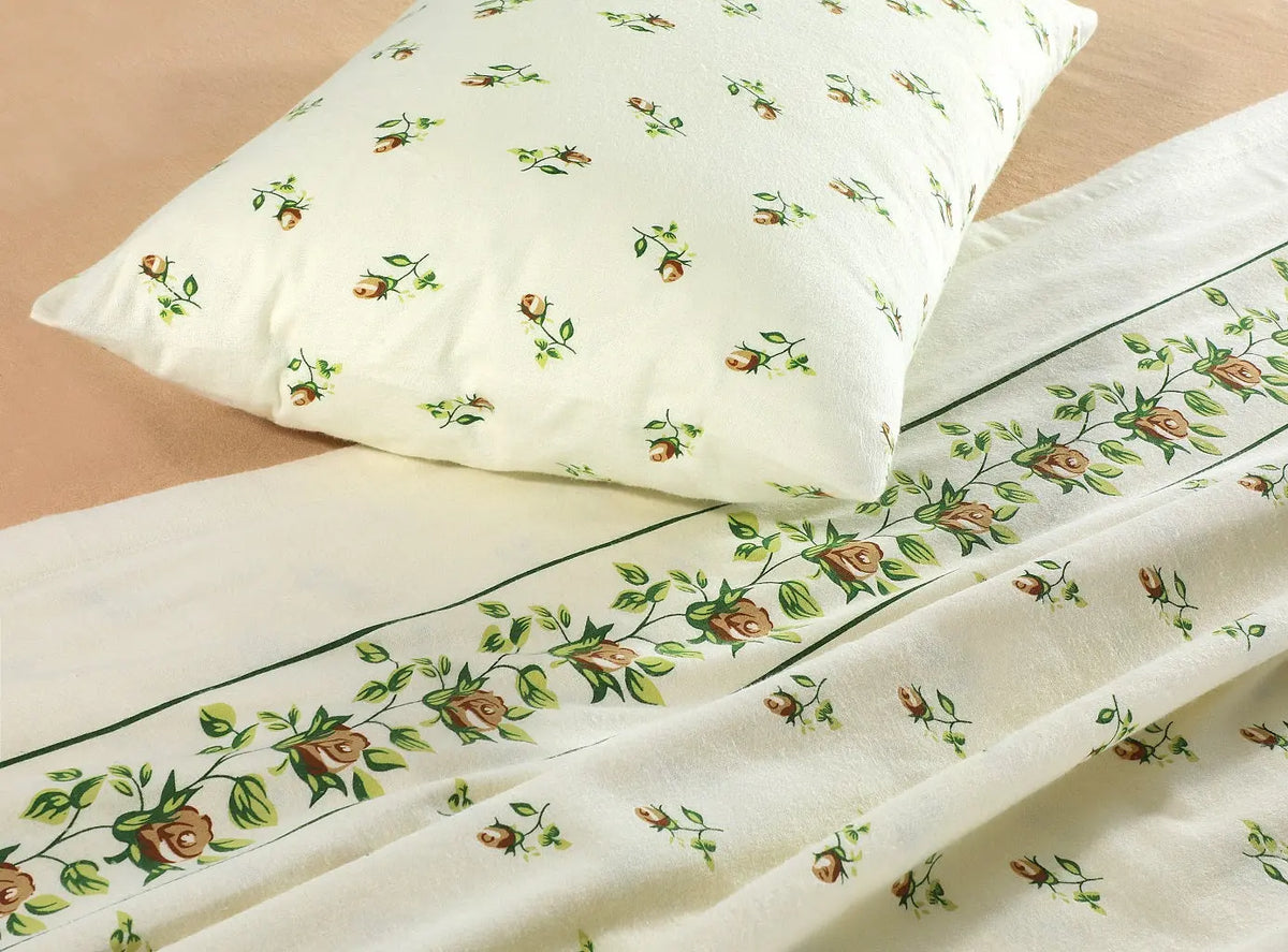 Rosebud Printed Flannelette Thermal Sheet Brushed Cotton Bedding Set - Fitted Sheet, Flat Sheet, and Pillowcase Set.