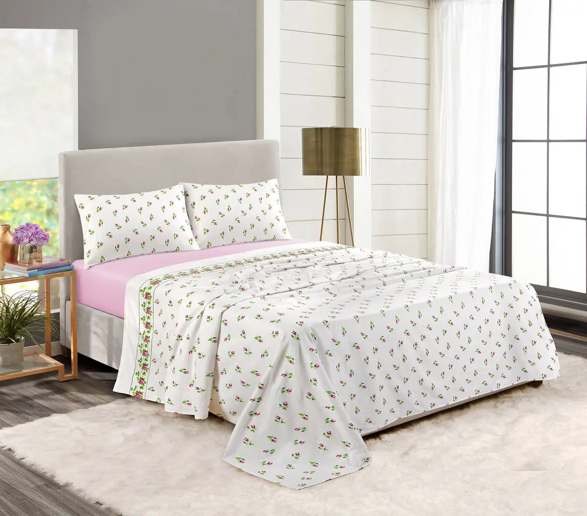 Rosebud Printed Flannelette Thermal Sheet Brushed Cotton Bedding Set - Fitted Sheet, Flat Sheet, and Pillowcase Set.