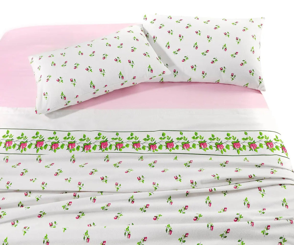 Rosebud Printed Flannelette Thermal Sheet Brushed Cotton Bedding Set - Fitted Sheet, Flat Sheet, and Pillowcase Set.