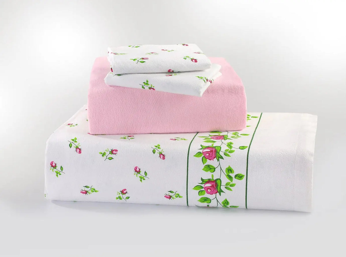 Rosebud Printed Flannelette Thermal Sheet Brushed Cotton Bedding Set - Fitted Sheet, Flat Sheet, and Pillowcase Set.