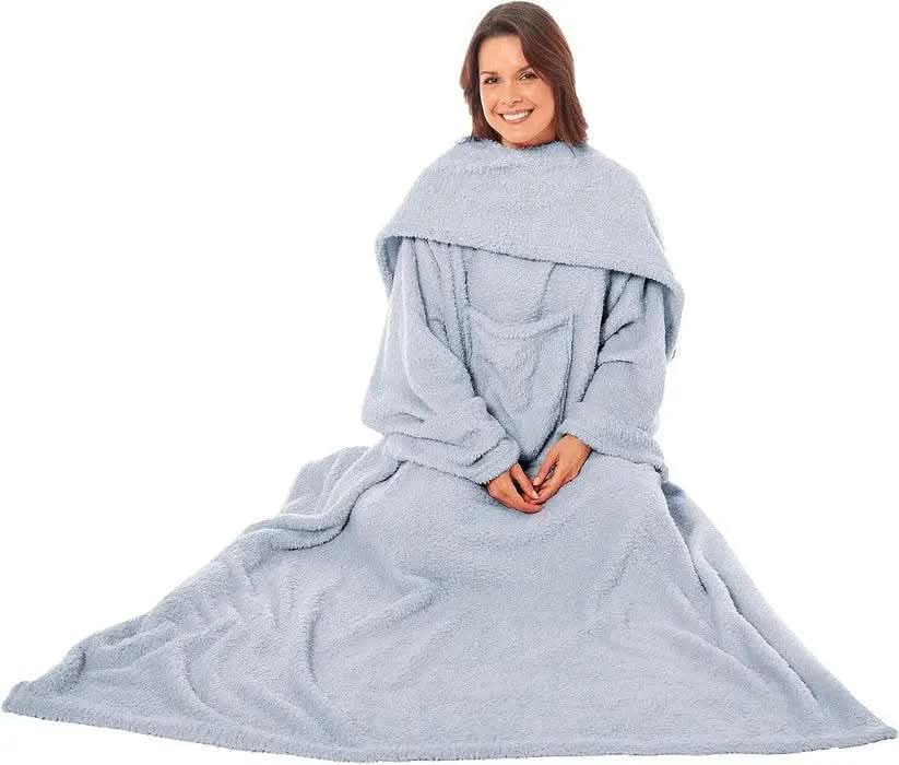 Wearable TV Blanket with Sleeves, Pocket, and Plush Fleece for Cozy Evenings.