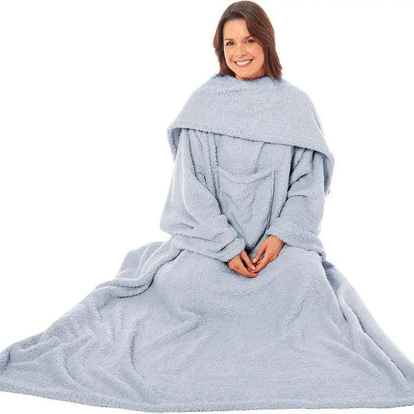 Wearable TV Blanket with Sleeves, Pocket, and Plush Fleece for Cozy Evenings.