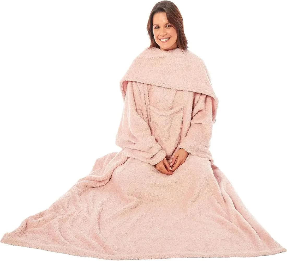 Wearable TV Blanket with Sleeves, Pocket, and Plush Fleece for Cozy Evenings.