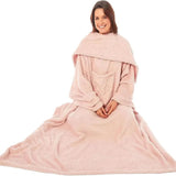 Wearable TV Blanket with Sleeves, Pocket, and Plush Fleece for Cozy Evenings.