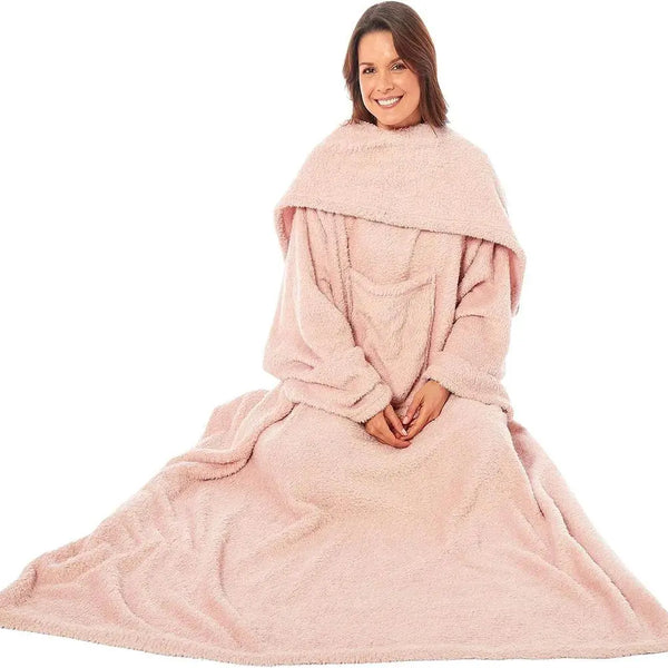 Wearable TV Blanket with Sleeves, Pocket, and Plush Fleece for Cozy Evenings.