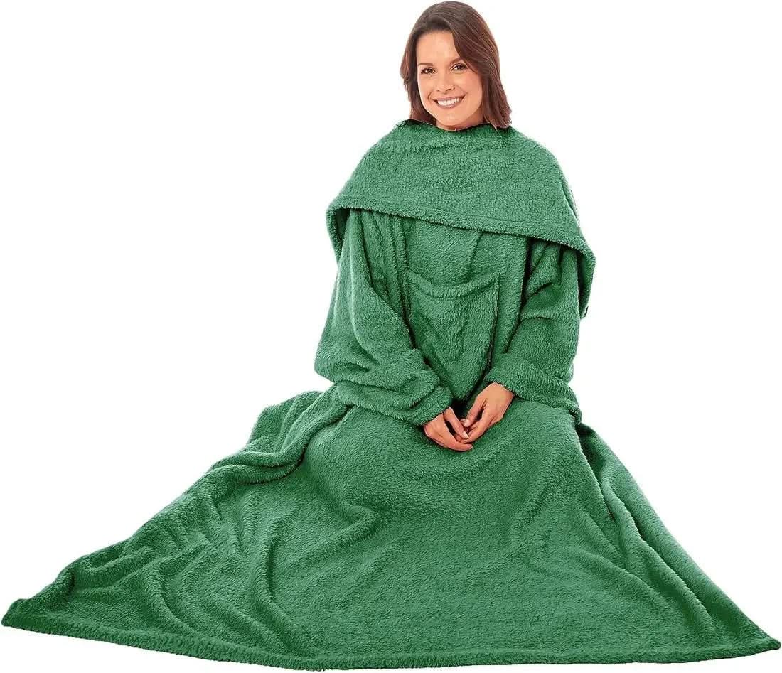 Wearable TV Blanket with Sleeves, Pocket, and Plush Fleece for Cozy Evenings.