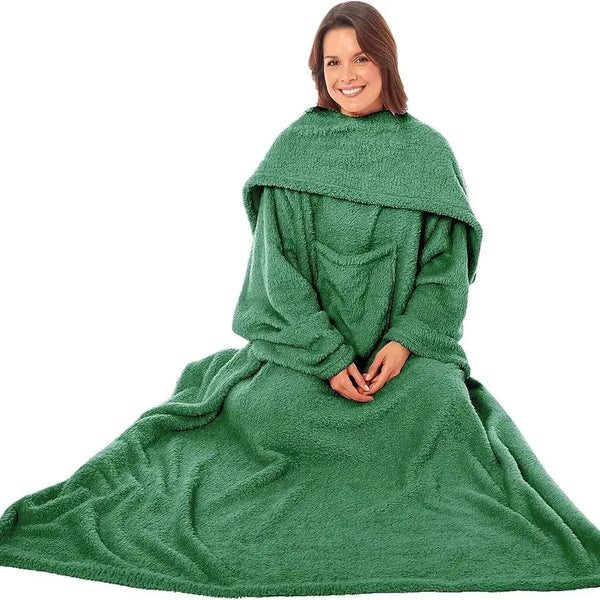 Wearable TV Blanket with Sleeves, Pocket, and Plush Fleece for Cozy Evenings.