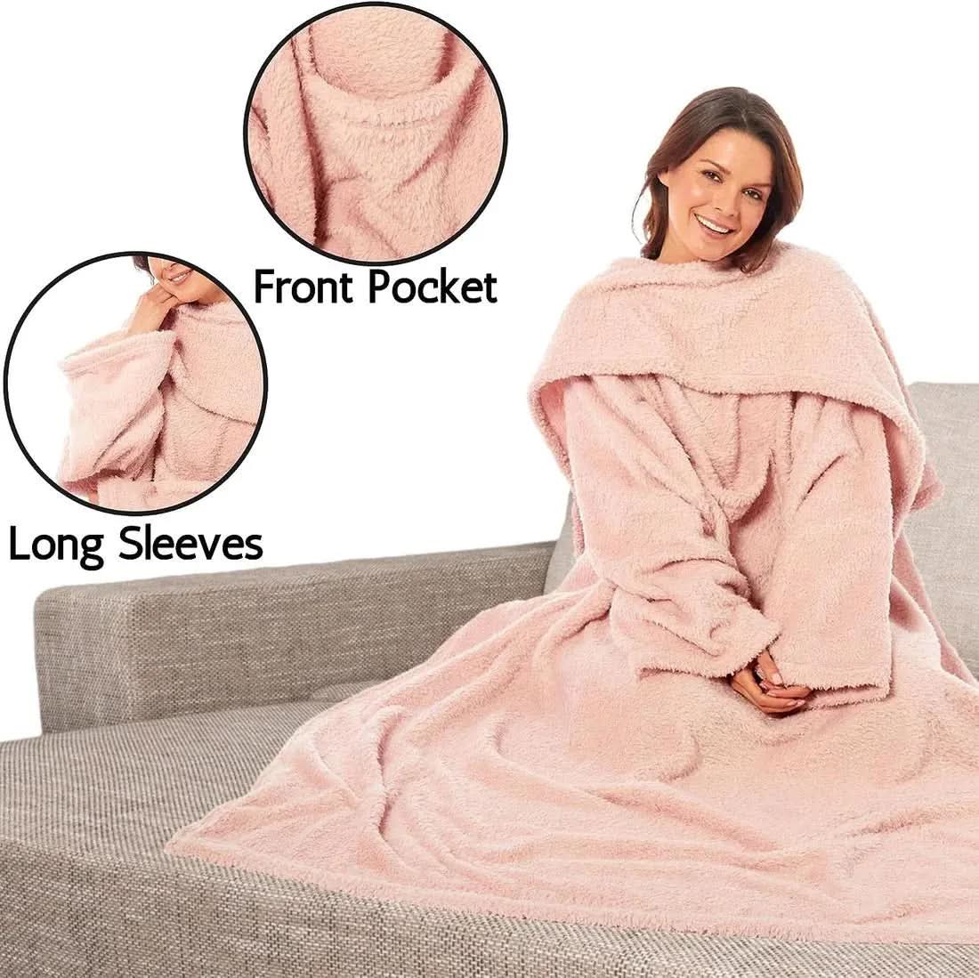 Wearable TV Blanket with Sleeves, Pocket, and Plush Fleece for Cozy Evenings.