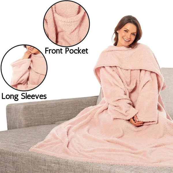 Wearable TV Blanket with Sleeves, Pocket, and Plush Fleece for Cozy Evenings.