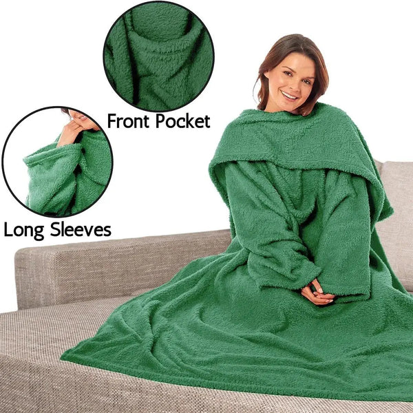 Wearable TV Blanket with Sleeves, Pocket, and Plush Fleece for Cozy Evenings.