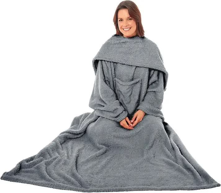 Wearable TV Blanket with Sleeves, Pocket, and Plush Fleece for Cozy Evenings.
