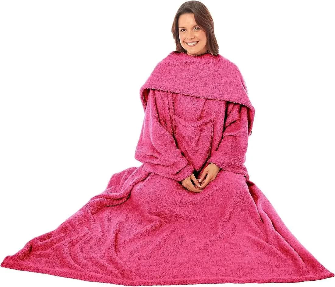 Wearable TV Blanket with Sleeves, Pocket, and Plush Fleece for Cozy Evenings.